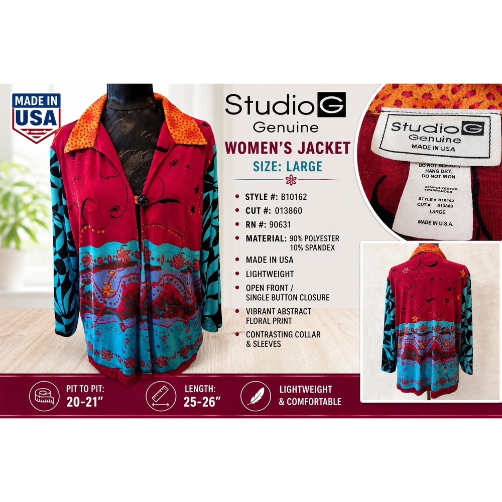 Studio G Genuine Womens Abstract Floral Jacket Large Made in USA B10162 Red Teal